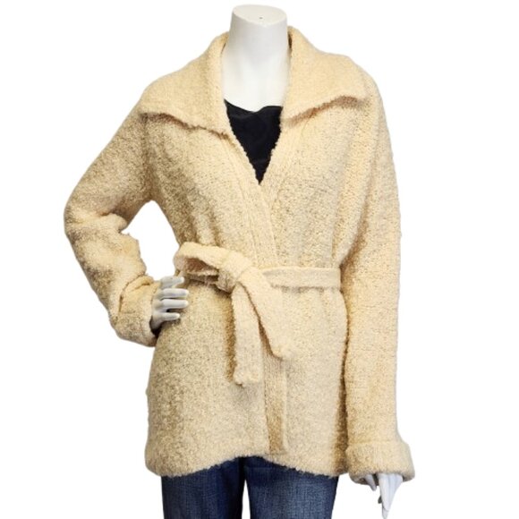 Vtg Mr Poodle Womens M 100% Wool Boucle Tie Waist Collared Cardigan Sweater - Picture 1 of 9